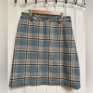 Eddie Bauer 100% Wool Light Blue, Brown and Cream Plaid Skirt. Size 4